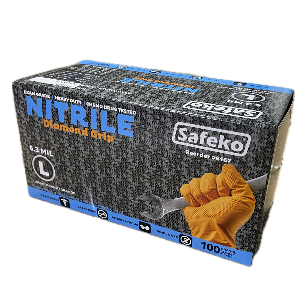 SK1041 Orange Large Powder Free Nitrile           Examination Glove w/ Diamond Grip 6.3 Mil 10/ - 1041L ORNG DMD GRP NIT GLV6m L