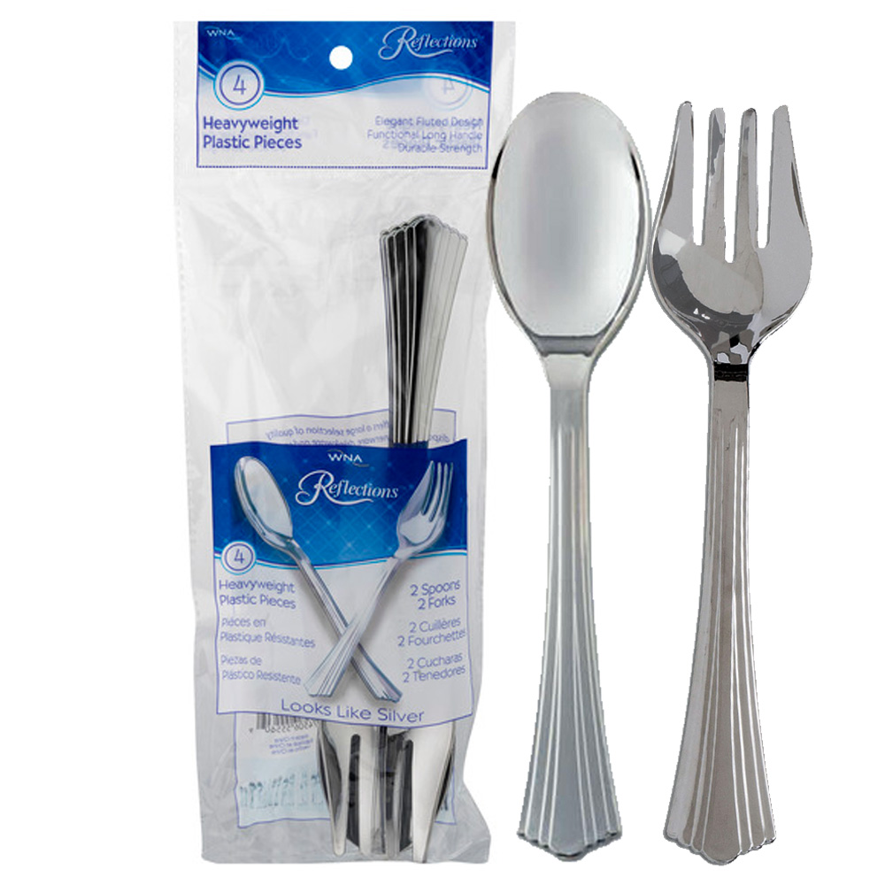 RFVFKSP604TRI Reflections Silver Plastic Serving Fork & Spoon Set Retail Bag 60/4 cs