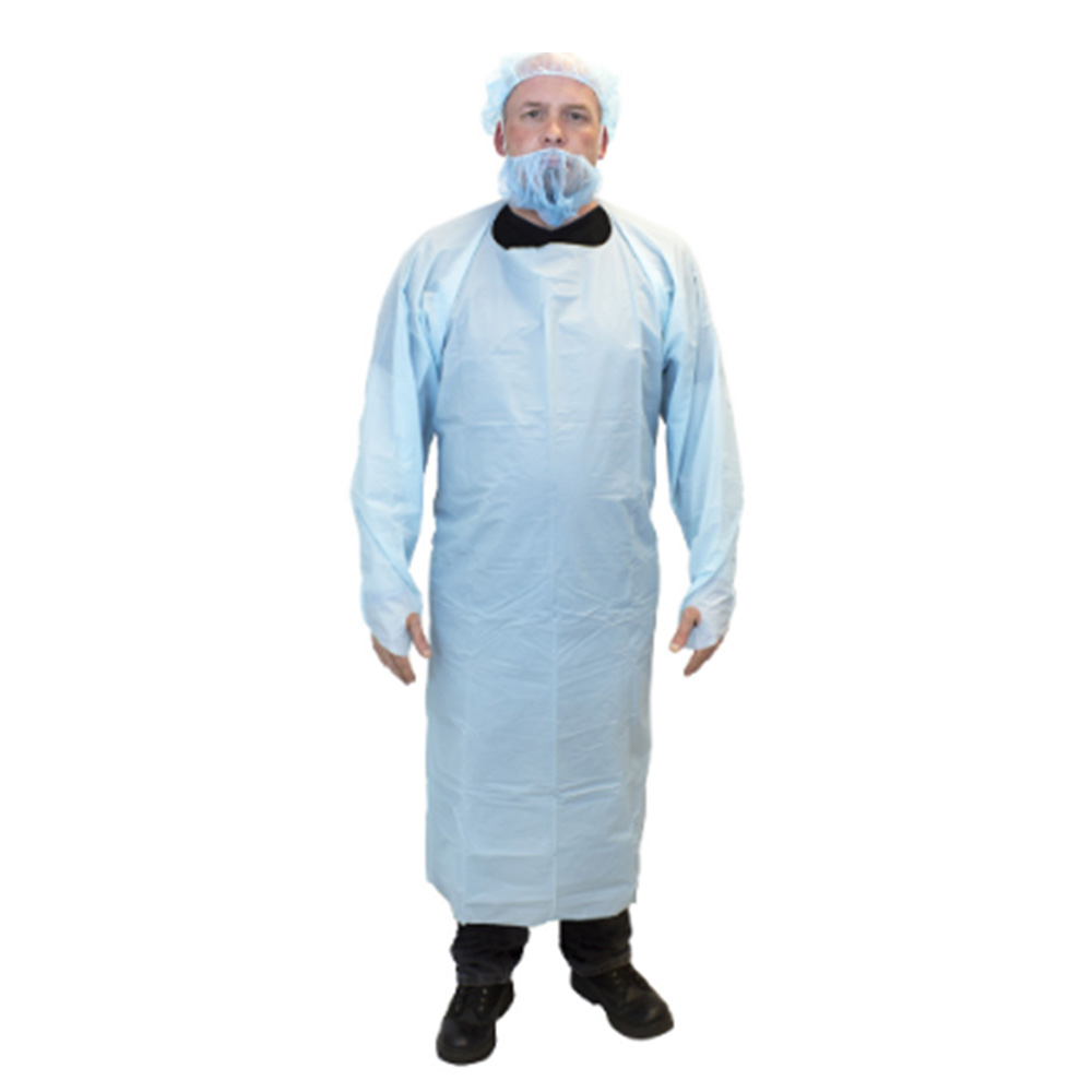 MCPE50BXL4 Blue Cast Polyethylene Coat Apron w/   Thumb Hole Sleeves & Waist Ties 10/10 cs