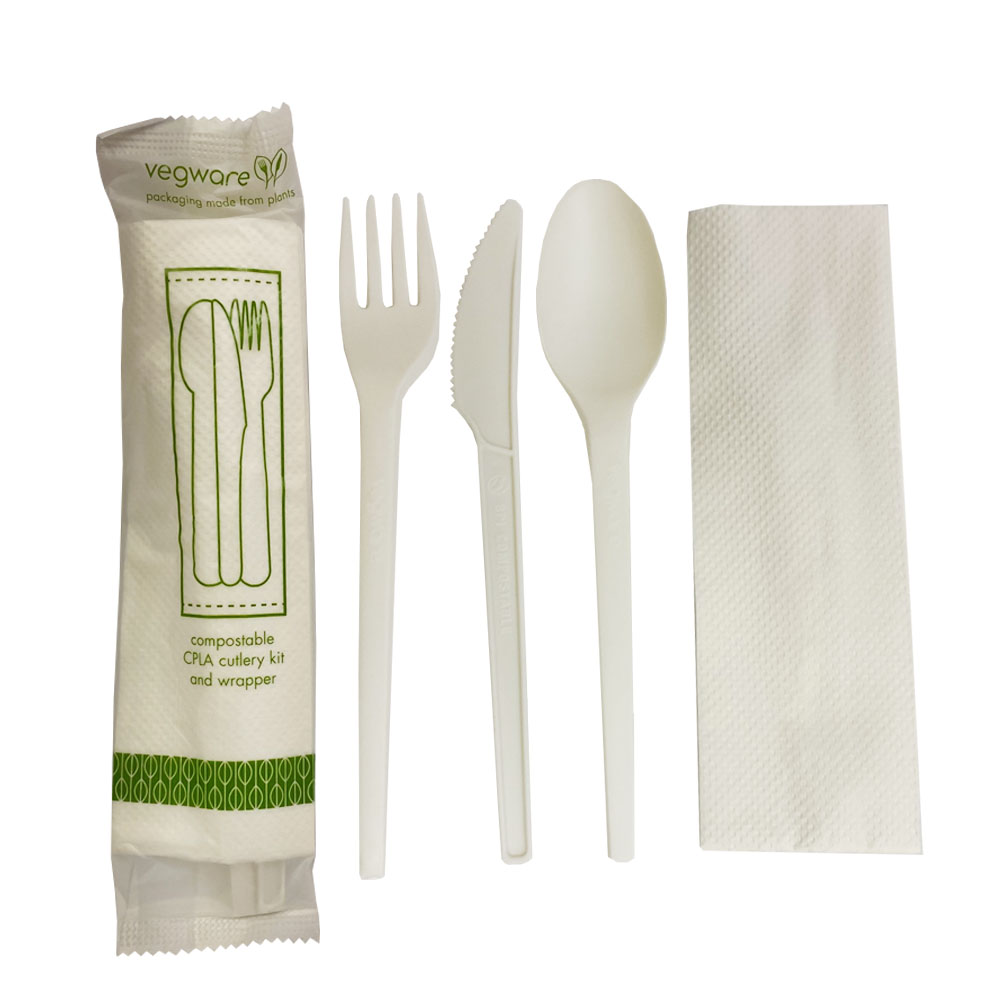 VW-KFSWN Vegware Wrapped White 6.2" Compostable   Fork, Knife, Spoon & Napkin Cutlery Kit 250/c - VW-KFSWN CMPST INDWRP CTLRYKIT