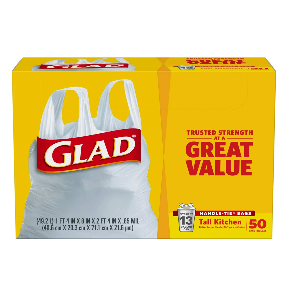 60764 Glad White 13 Gallon 1' 4"x8"x2' 4" .85 Mil Tall Kitchen Handle-Tie Trash Bag 4/50 cs