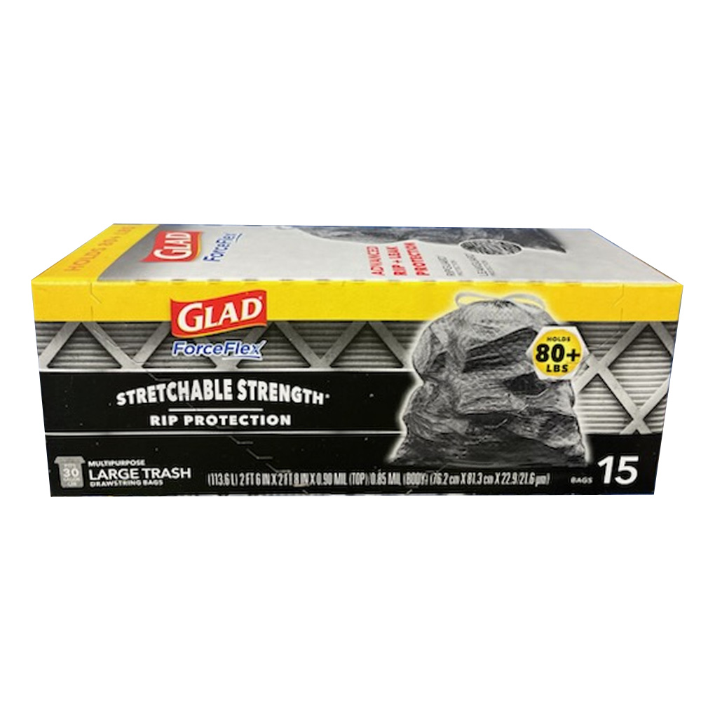 22345 Glad Force Flex Black 30 Gallon 2'6"x2' 9"  1.05 Mil Heavy Duty Large Trash Bags 6/15 cs