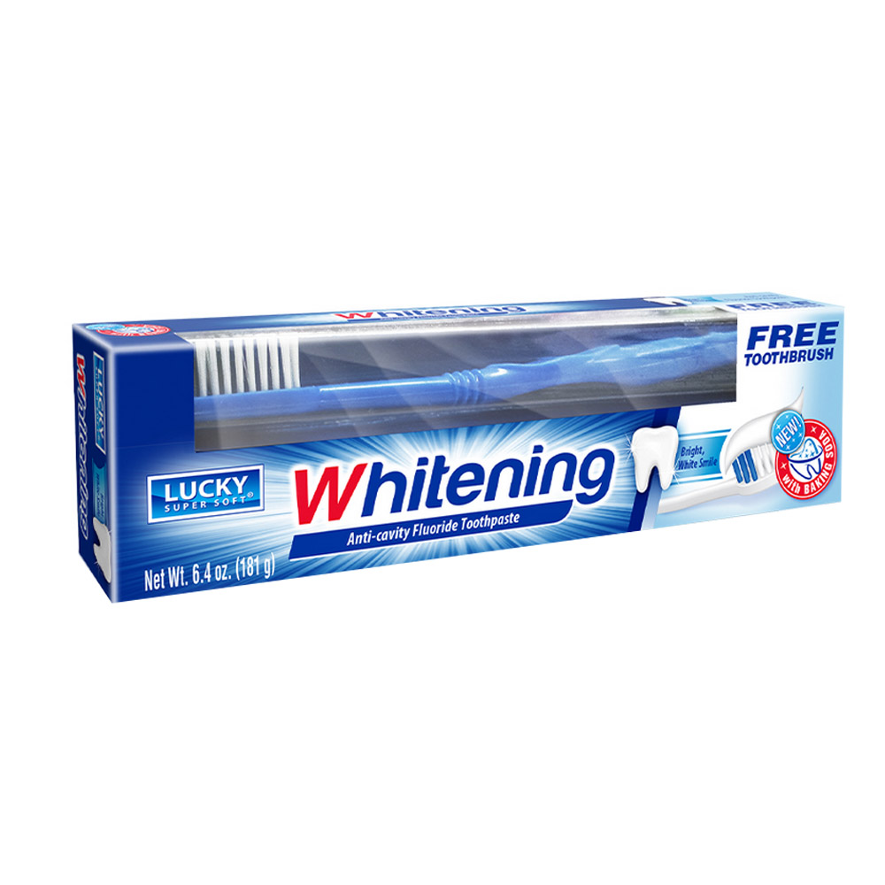 10687-24 Lucky Super Soft 6.4 oz. Whitening       Anti-Cavity Fluoride Toothpase w/ Free Toothb