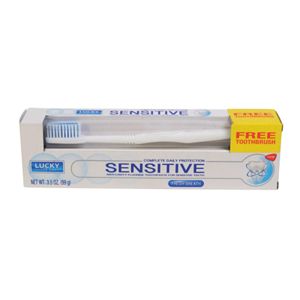 12617-12 Lucky Super Soft 3.5 oz. Sensitive       Toothpaste w/ Toothbrush 12/cs