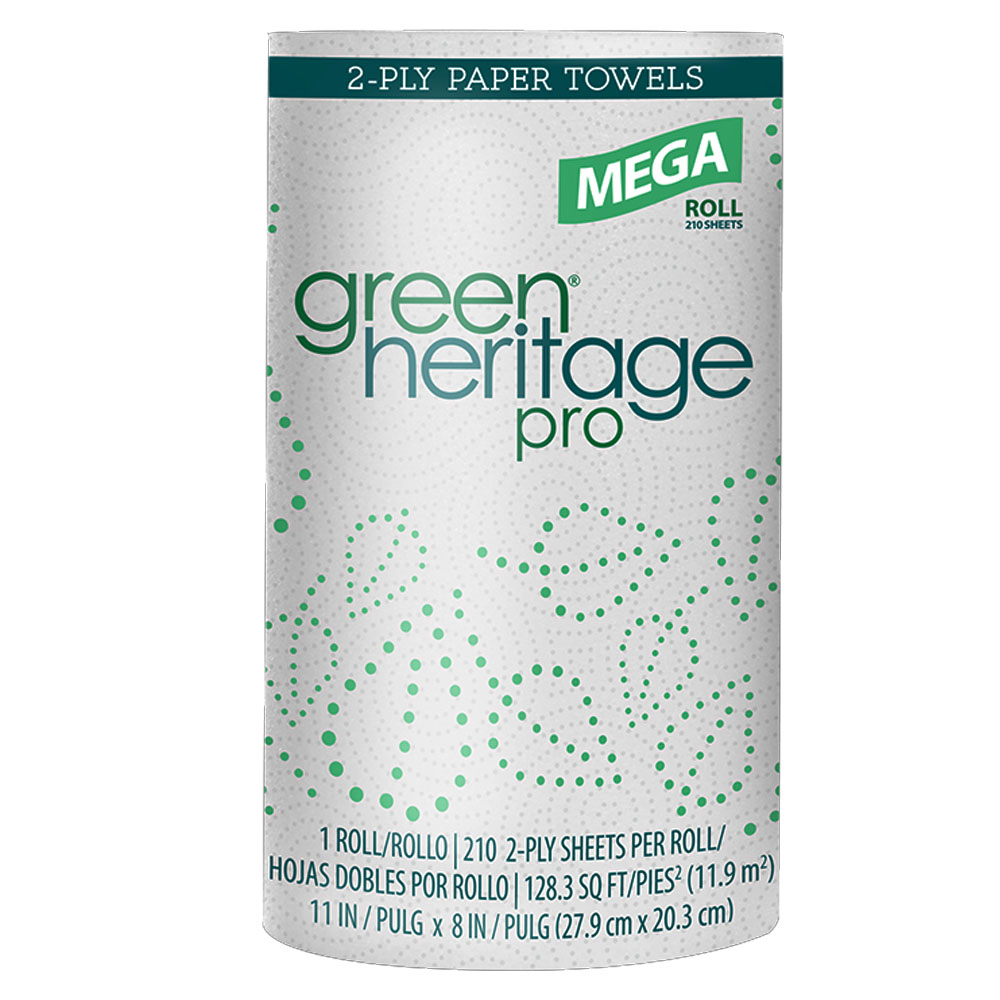 223210 Green Heritage Pro White 11"x8" 2 ply Mega Kitchen Roll Towel 210 Sheets 12/1 cs - 223210 GRHERT MEGA KITCH RLTWL