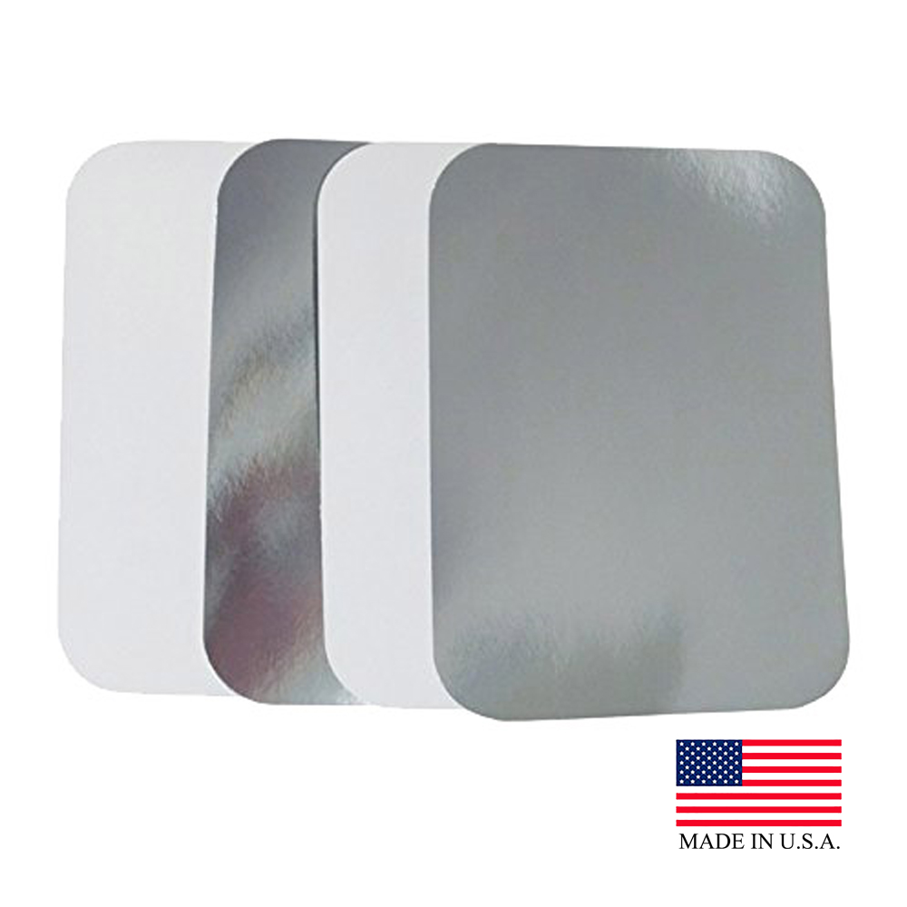 BL15 Silver/White 5 lb. Foil Laminated Board Lid  For Aluminum Pan Bulk 250/cs - BL15   5# OBLONG BOARD LID