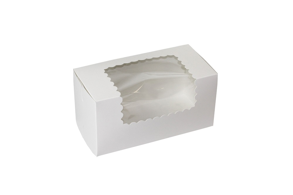 844W Cupcake Box 8"x4"x4" White Recycled 2 Cavity Cardboard 1 pc Window w/ Lock Corner 100/bd