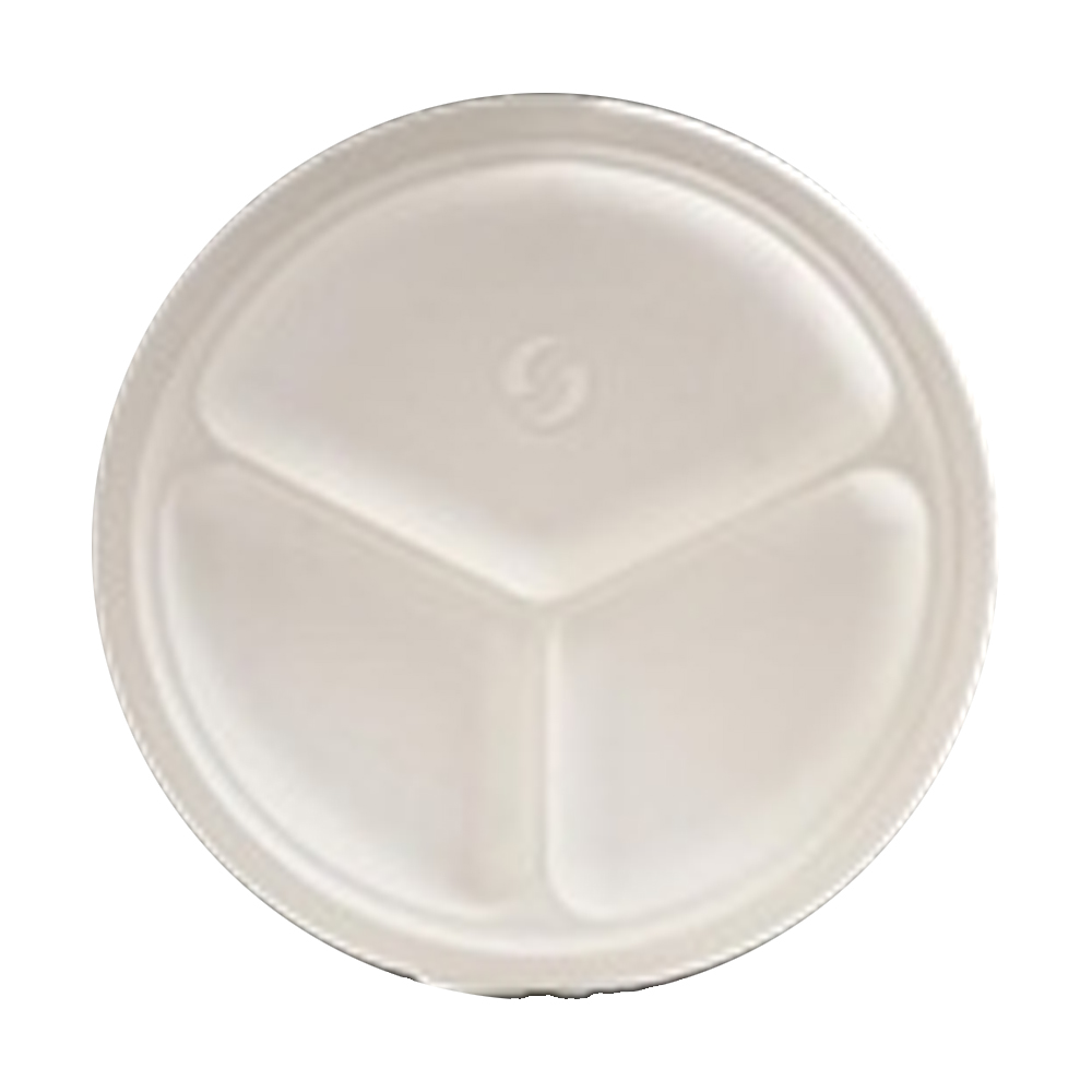 TW-POO-005 Evolution White 10" 3 Compartment Bagasse Plate 4/125 cs - TW-POO-005 10"3COMP BGSE PLATE