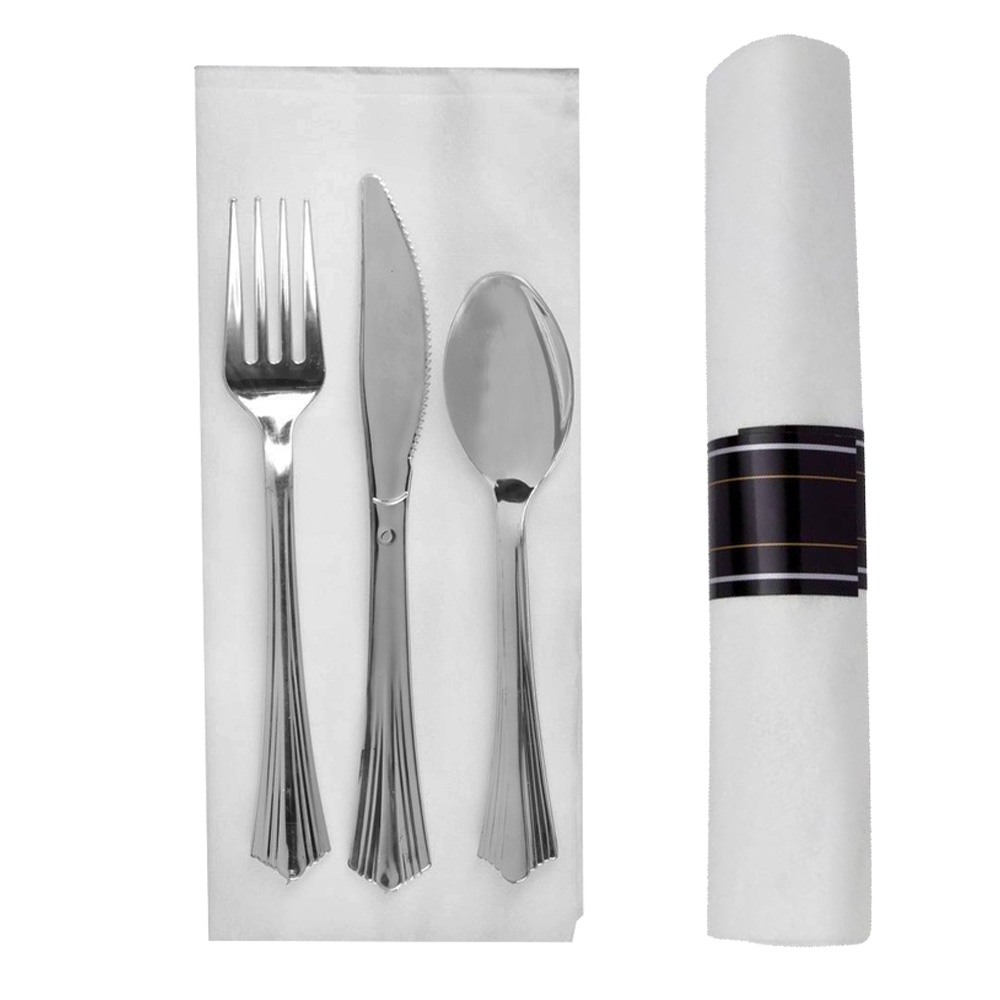 REFROLL3 Reflections Pre-Rolled Assorted Fork, Knife, Spoon & Linen Like Napkin Meal Kit Silver - REFROLL3 REF F,K,S,17X17NP RL
