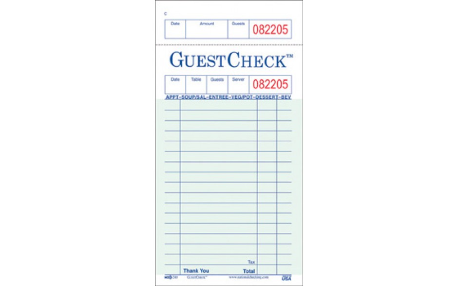 240-50 Green 1 Part 17 Line Paper Guest Checks 50/100 cs