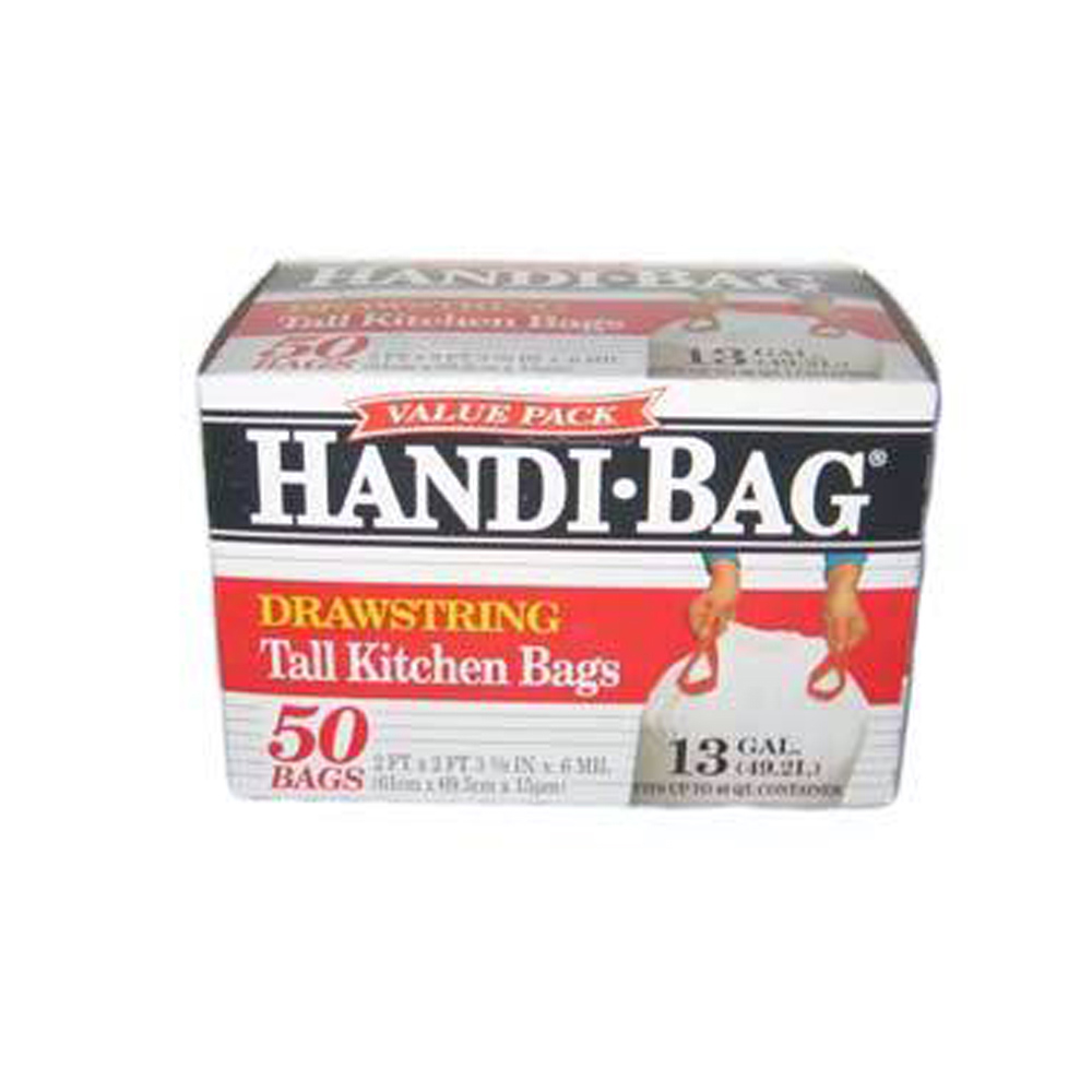HAB 6DK50 Handi Bag  2'x2 ' 3 3/8" Tall White Kitchen Bag 13 Gal. Plastic Drawstring 6/50 cs