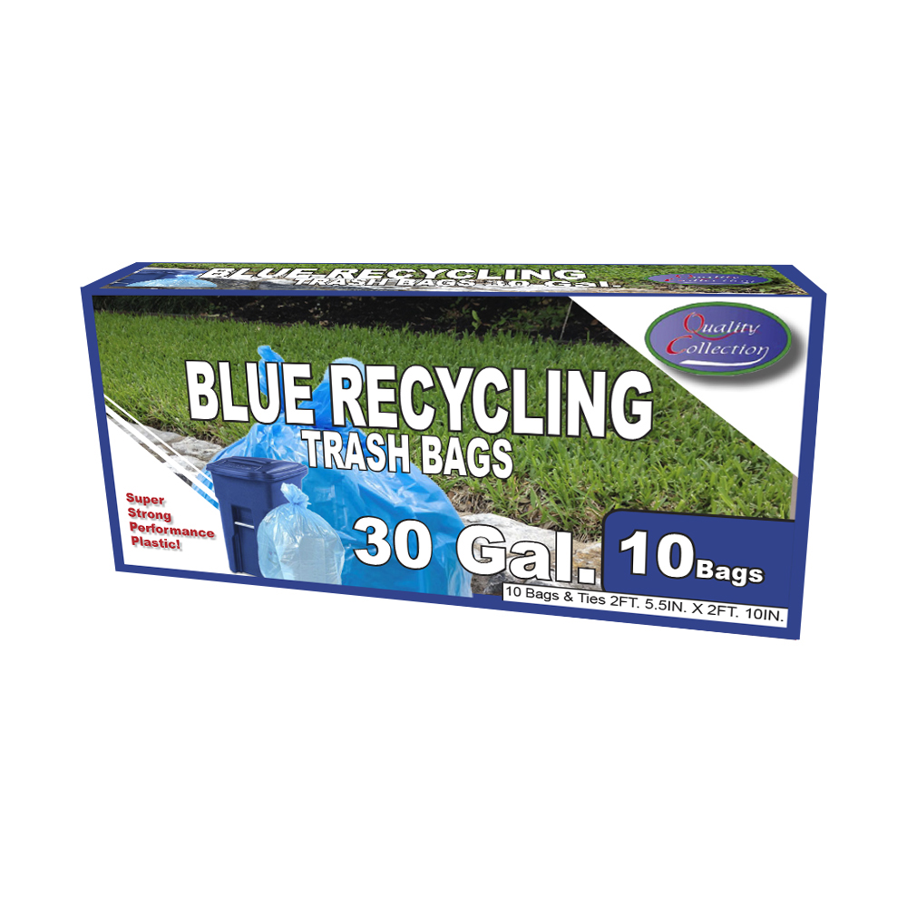 B36/10B Quality Collection Recycling Trash Bag30 Gal. Blue Plastic Bags & Ties  36/10 cs