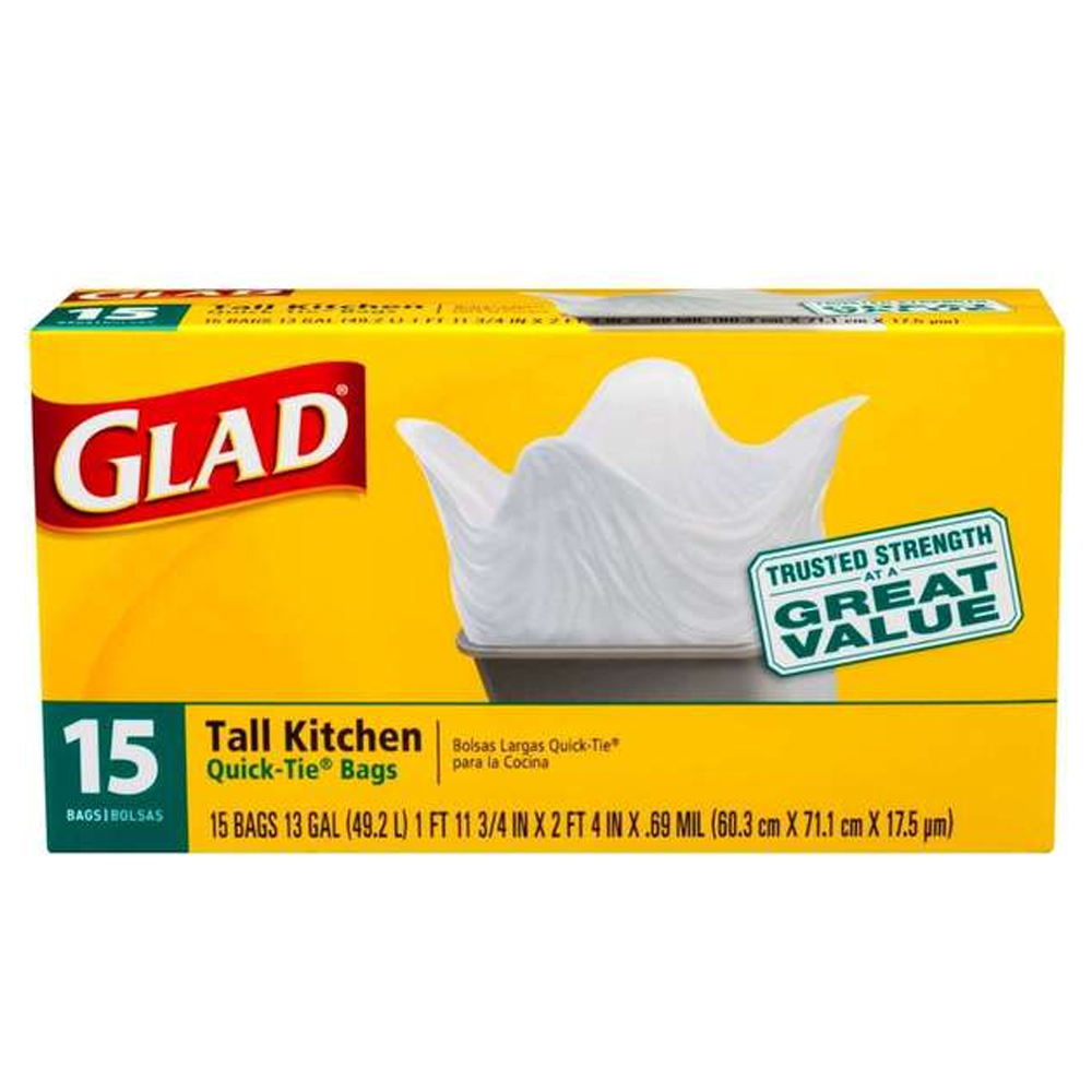 00070 Glad 1' 11 3/4" x 2' 4" .69 Mil Tall Kitchen Bag 13 Gal. White Plastic Quick-Tie 12/15 cs - 00070 GLAD 13G TALL QUIKTIE BG