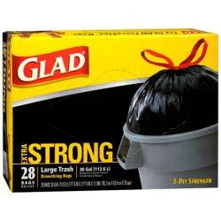 78966 Glad 2' 6" 2' 9" 1.05 Mil Trash Bag 30 Gal. Black Plastic Drawstring 6/28 cs - 78966 GLAD BLK 30GL STRING BAG