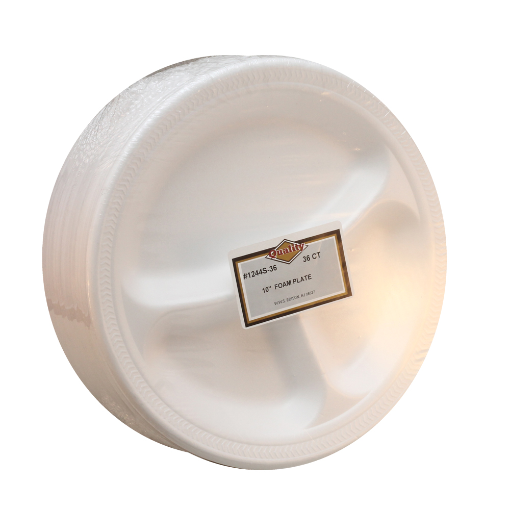 1244S-36 Quality White 10" 3 Compartment Foam Plate 12/36 cs - FOAM PLATE WHITE 10"3COM 12/36