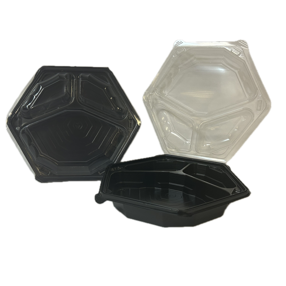 YEH89093 Black 9" 3 Compartment Hexagon Hinged Tray 110/cs