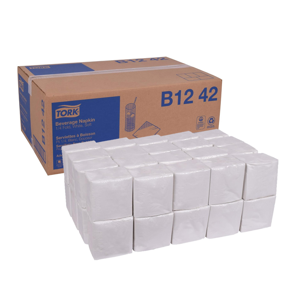 B1242 Tork White 1/4 Fold Soft Beverage Napkin 2  ply 9.3"x9.3" 40/150 cs