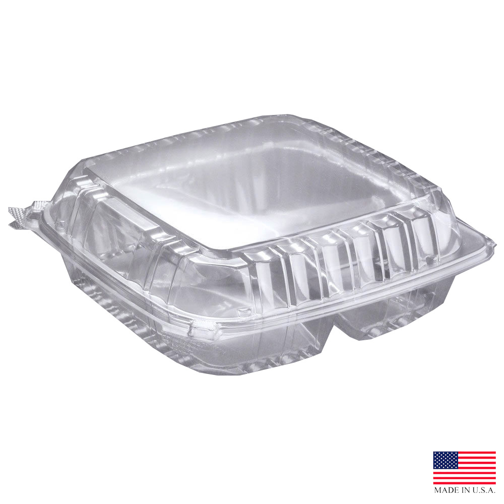 C95PST3 ClearSeal Clear 9.5"x9.5"x3.25" Square Plastic 3 Compartment Hinged Container 2/100 cs - C95PST3 CLR LG 3 CMPT HNG CONT